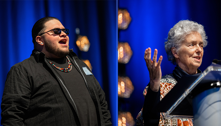 a native man singing and an elderly woman speaking