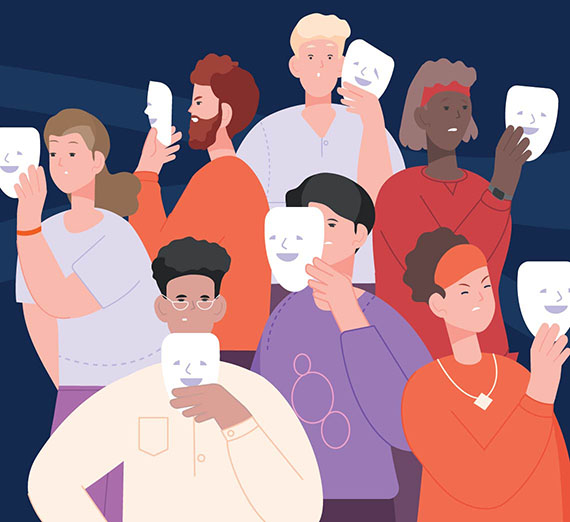 Illustration of a group of people holding masks in front of their faces to represent the feeling of imposter syndrome.