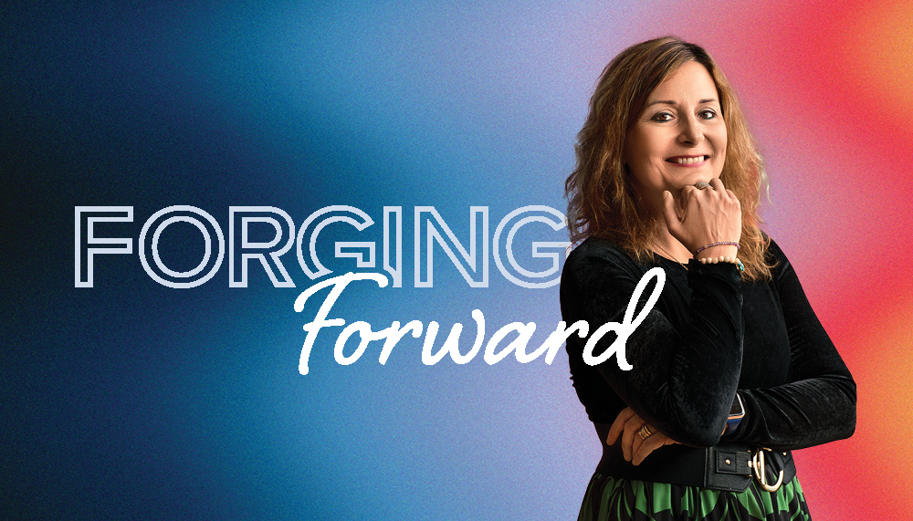 woman in black dress against vibrant background and the words forging forward