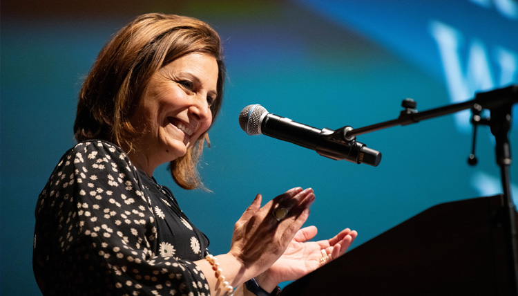 Gonzaga ������̳ President Katia Passerini welcomes guests to her inaugural Presidential Speaker Series event on April 8, 2026. 