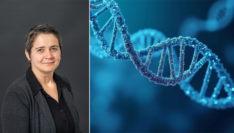 woman professor next to image of dna