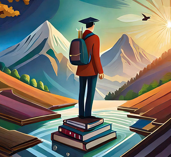 An AI generated photo of a student with a grad cap on, over looking a canyon with mountains and a river.