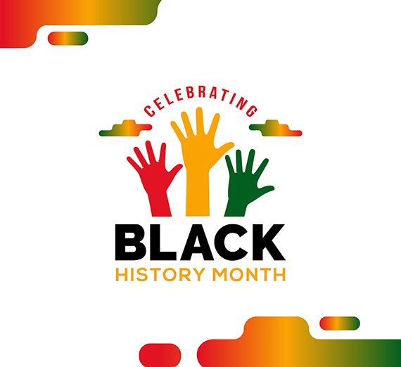 An image of three hands reaching upward, with the words Celebrating Black History Month