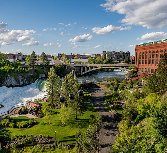 Huntington Park in Downtown Spokane, with the river to its left.