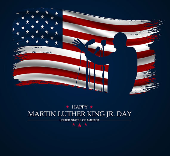 A silhouette of Martin Luther King Jr in front of an American Flag