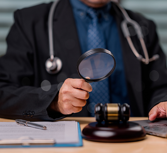 A person with a stethoscope around his neck holds a magnifying glass over a judge's gavel