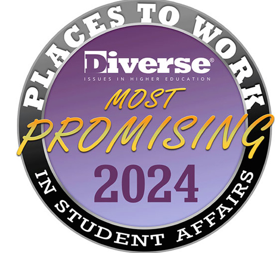 A circular emblem stating "Most promising place to work in Student Affairs, 2024"