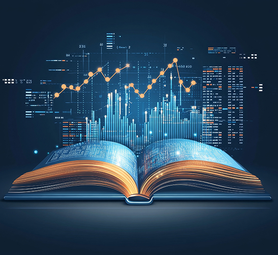 A cartoon image of an open book in front of accounting charts