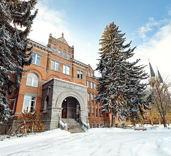 Gonzaga's College Hall on a snowy, winter day.