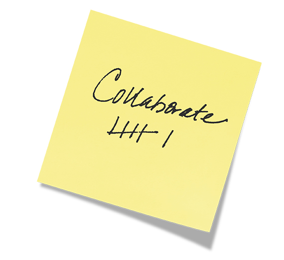 a post-it note with the word collaborate and 6 hash marks