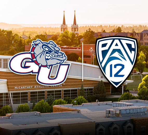 GU bulldog head logo and Pac-12 logo side-by-side over a photo of the Gonzaga University campus at sunset.