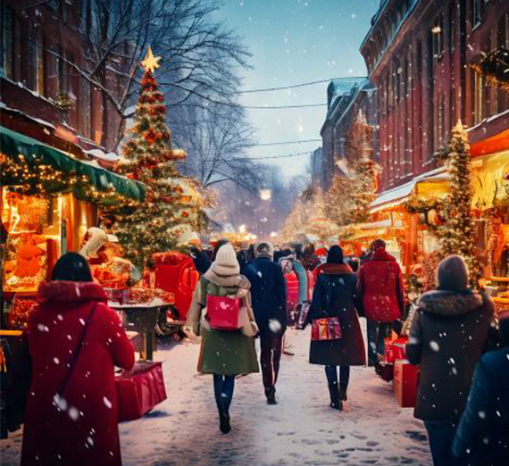 People walk along the streets at a Christmas market