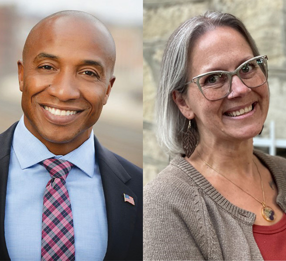 Split photo of two people.