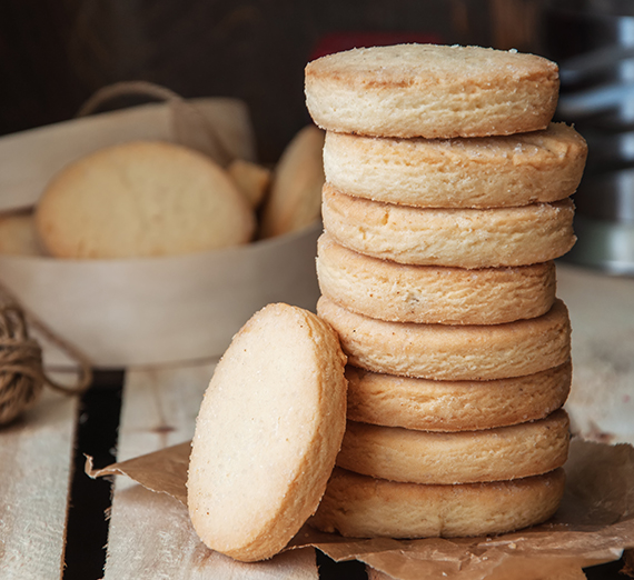 Stack of shortbread cookies on a table.