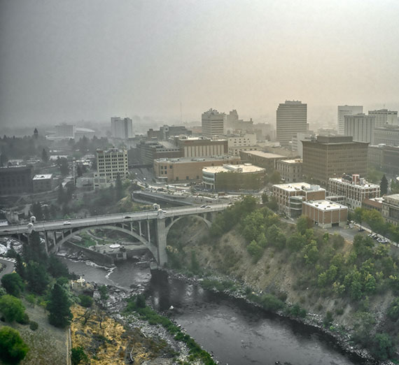 Spokane covered in hazy smoke.