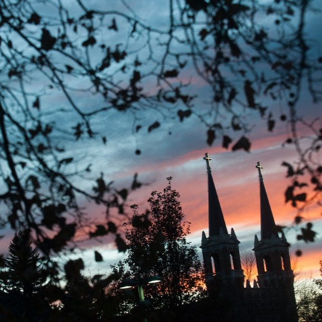 St. Al's Church's spires lit up with a blue and pink sunset in the background, as well as dark branches in the foregoround.