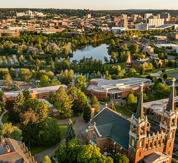 An aerial view of the Spokane River and Gonzaga's campus
