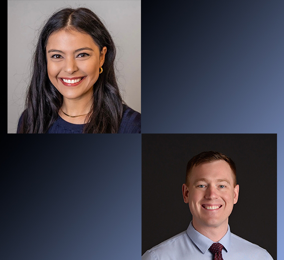headshots of a woman and a man with a gray and blue background