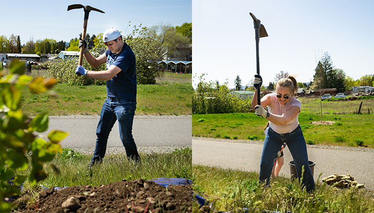 two separate images of individuals wielding pickaxes