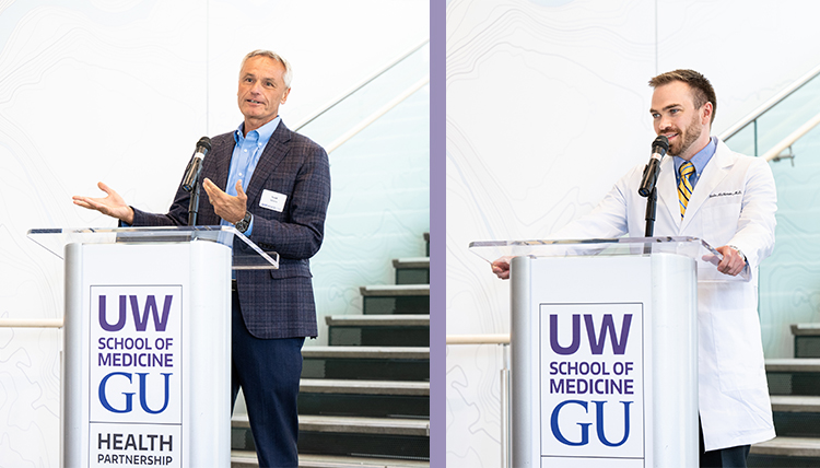 two separate images of men at a podium on stairs against a white wall