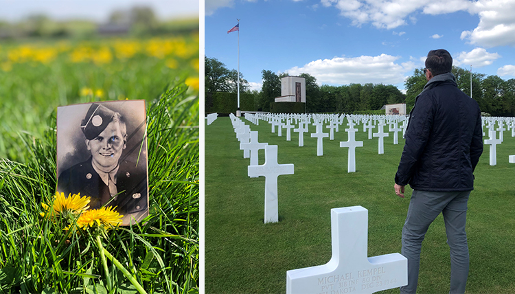 two photos one of soldier in field one of military cemetery