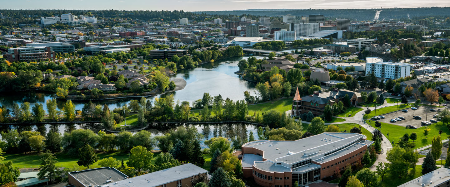 Drone view of campus and Spokane 