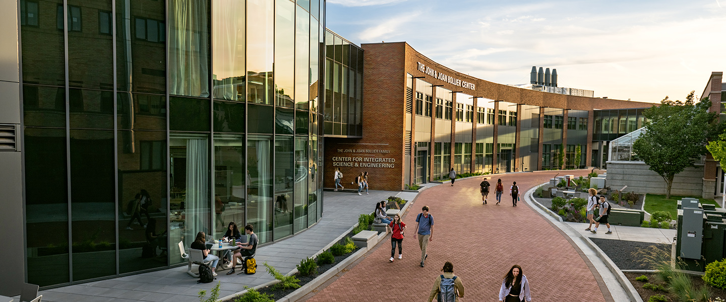 Students walk in front of The Bollier Center, a building designed to support STEM education at Gonzaga.