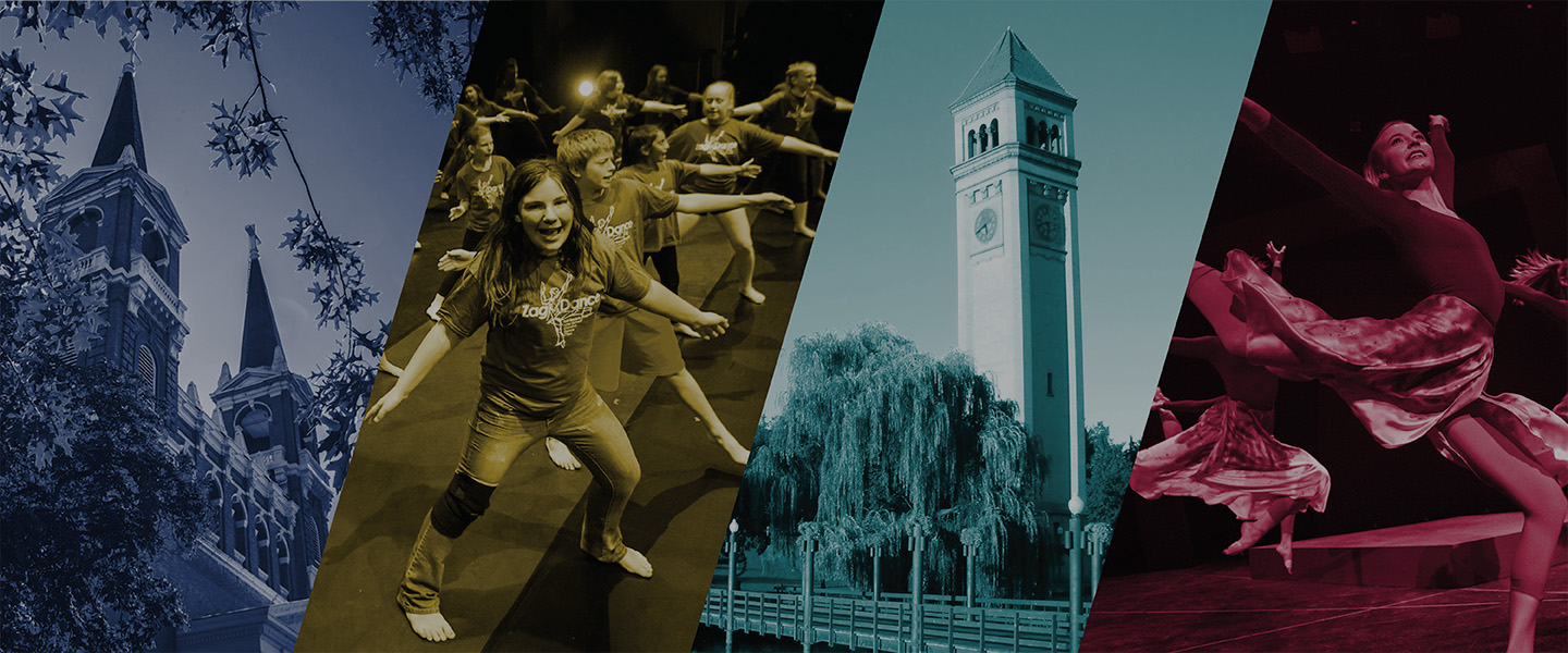4 images side by side. Left to right is a church, young person dancing, a clock tower, a student performer.