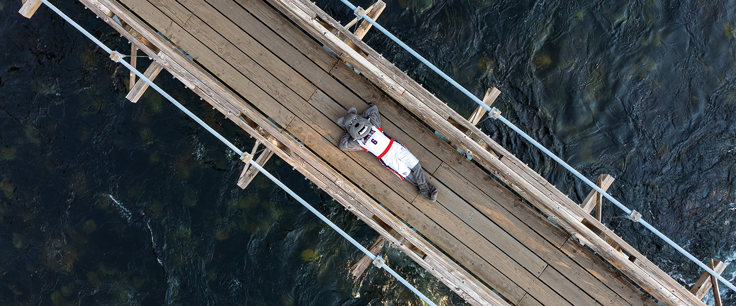 Gonzaga's mascot Spike lies on a bridge over the Spokane River.