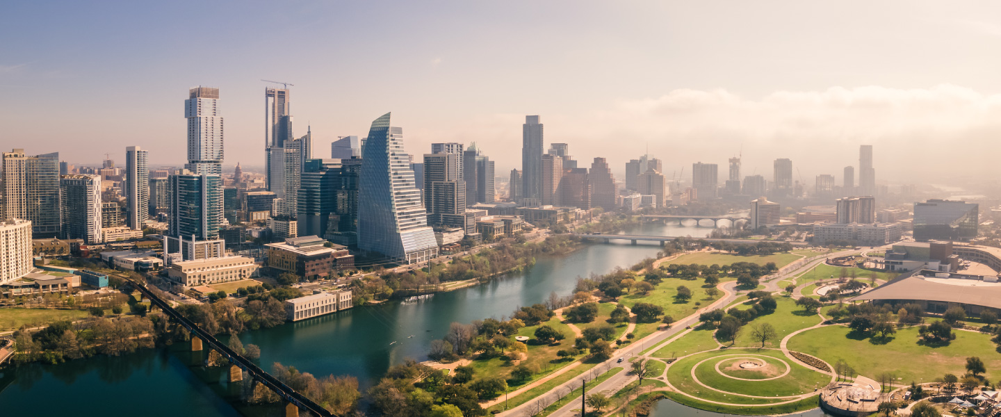 Downtown Austin, Texas with a river in the foreground.