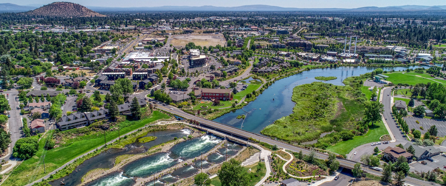 Aerial view of Old Mill and Deschutes River in Bend, Oregon.