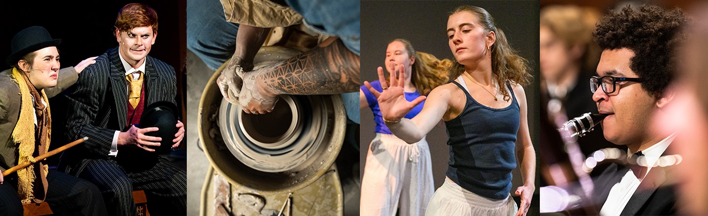 Four images in a row, the first has two actors on stage, the second is someone throwing a pot shown from above, third are dancers on stage, fourth is a wind ensemble with a close up of one player.